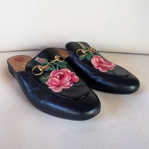 Gucci Shoes Flower Embroidered Princetown Horsebit Detail Leather Loafer Mules